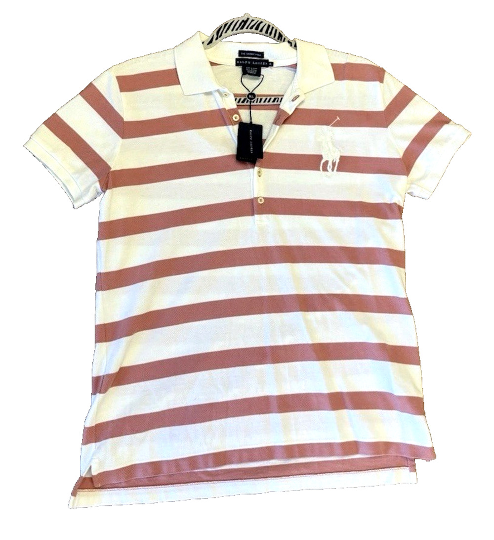 NWT Ralph Lauren The Skinny Polo Shirt XL Pink White Stripe Big Pony Summer 12